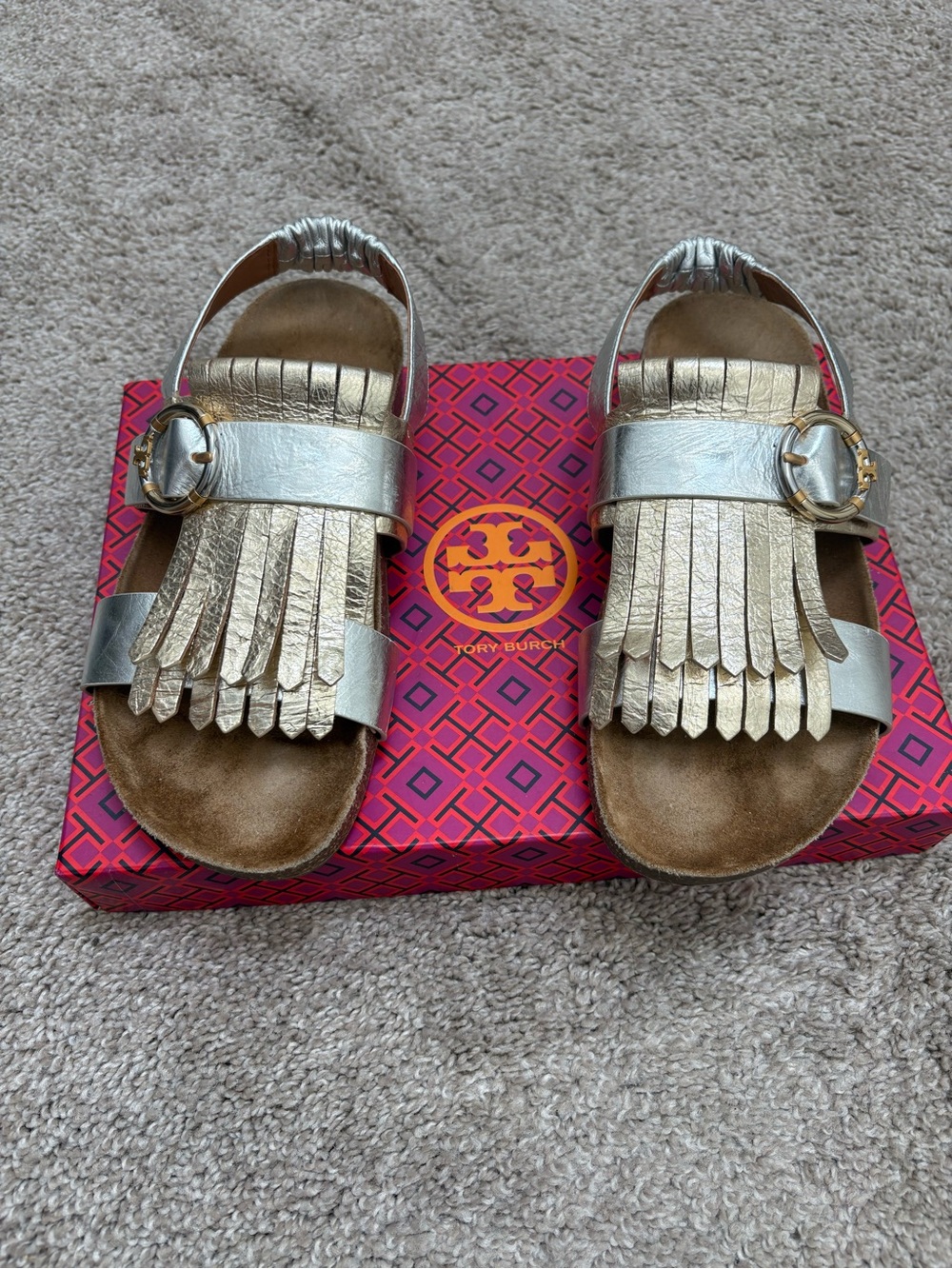 Tory Burch Metallic Gold Fringe Sandals